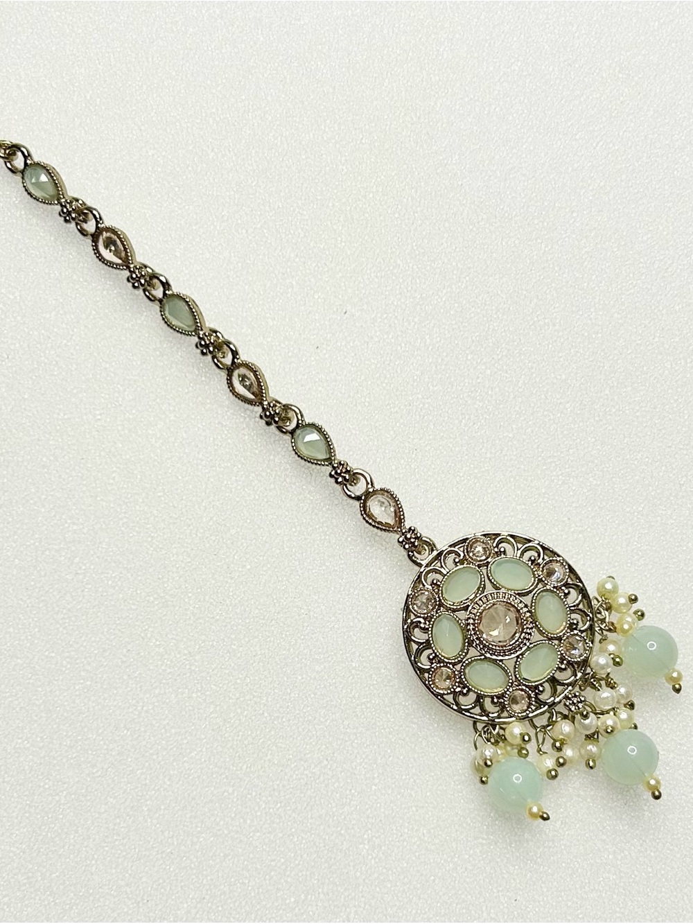 Silver-Tone Mint Green Maang Tikka with Bead Tassels